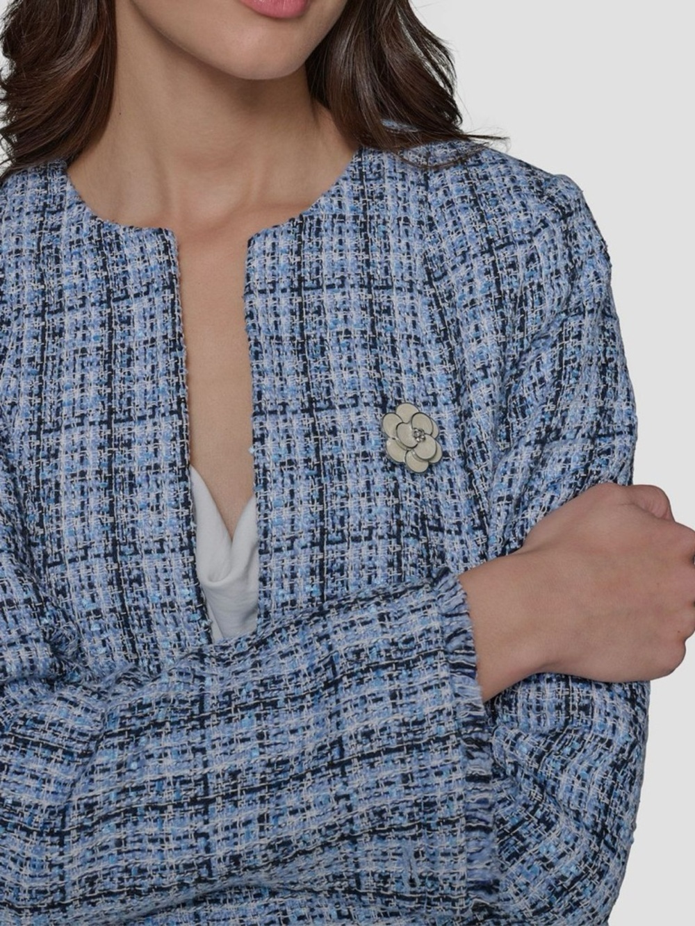 Karl Lagerfeld Blue Tweed Collarless Jacket with Floral Brooch